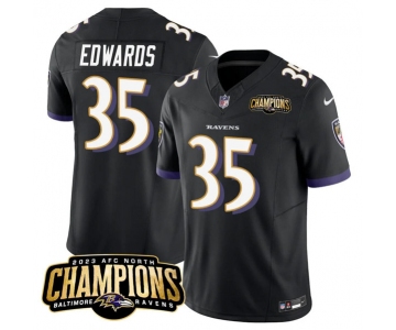 Men's Baltimore Ravens #35 Gus Edwards Black 2023 F.U.S.E. AFC North Champions Vapor Limited Football Stitched Jersey