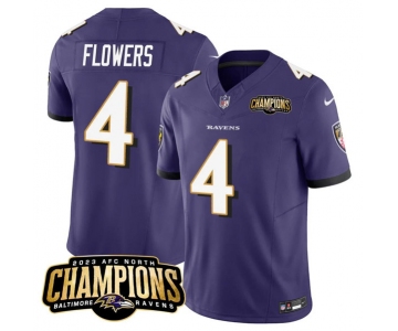 Men's Baltimore Ravens #4 Zay Flowers Purple 2023 F.U.S.E. AFC North Champions Vapor Limited Football Stitched Jersey