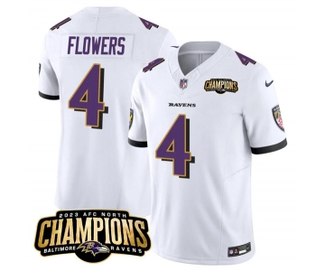 Men's Baltimore Ravens #4 Zay Flowers White 2023 F.U.S.E. AFC North Champions Vapor Limited Football Stitched Jersey