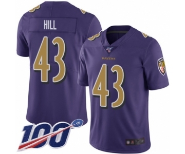 Men's Baltimore Ravens #43 Justice Hill Limited Purple Rush Vapor Untouchable 100th Season Football Jersey