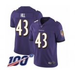 Men's Baltimore Ravens #43 Justice Hill Purple Team Color Vapor Untouchable Limited Player 100th Season Football Jersey