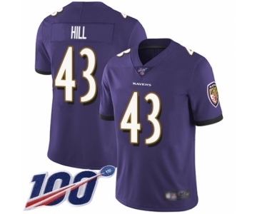 Men's Baltimore Ravens #43 Justice Hill Purple Team Color Vapor Untouchable Limited Player 100th Season Football Jersey