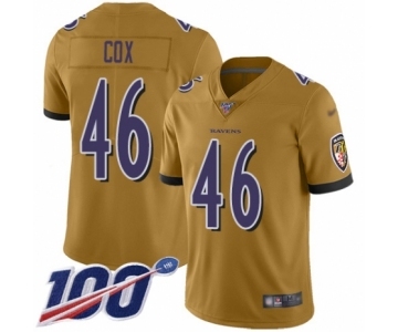 Men's Baltimore Ravens #46 Morgan Cox Limited Gold Inverted Legend 100th Season Football Jersey