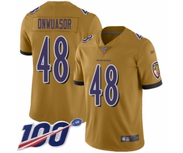 Men's Baltimore Ravens #48 Patrick Onwuasor Limited Gold Inverted Legend 100th Season Football Jersey