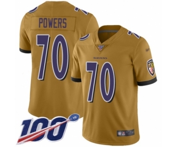 Men's Baltimore Ravens #70 Ben Powers Limited Gold Inverted Legend 100th Season Football Jersey