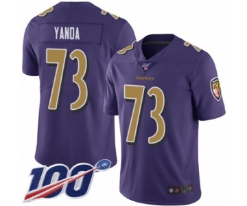 Men's Baltimore Ravens #73 Marshal Yanda Limited Purple Rush Vapor Untouchable 100th Season Football Jersey