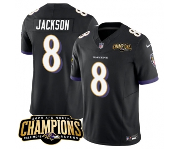 Men's Baltimore Ravens #8 Lamar Jackson Black 2023 F.U.S.E. AFC North Champions Vapor Limited Football Stitched Jersey