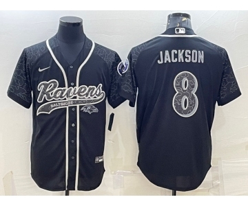 Men's Baltimore Ravens #8 Lamar Jackson Black Reflective With Patch Cool Base Stitched Baseball Jersey