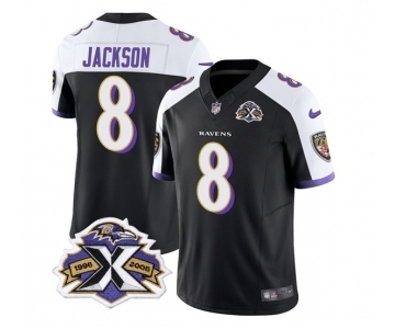 Men's Baltimore Ravens #8 Lamar Jackson Black White 2023 F.U.S.E With Patch Throwback Vapor Limited Stitched Jersey