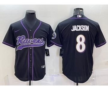 Men's Baltimore Ravens #8 Lamar Jackson Black With Patch Cool Base Stitched Baseball Jersey