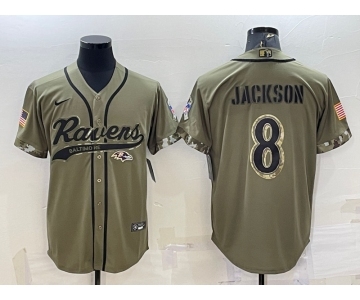 Men's Baltimore Ravens #8 Lamar Jackson Olive 2022 Salute to Service Cool Base Stitched Baseball Jersey