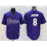 Men's Baltimore Ravens #8 Lamar Jackson Purple With Patch Cool Base Stitched Baseball Jersey