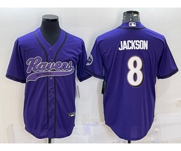 Men's Baltimore Ravens #8 Lamar Jackson Purple With Patch Cool Base Stitched Baseball Jersey