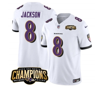 Men's Baltimore Ravens #8 Lamar Jackson White 2023 F.U.S.E. AFC North Champions Vapor Limited Football Stitched Jersey