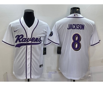 Men's Baltimore Ravens #8 Lamar Jackson White With Patch Cool Base Stitched Baseball Jersey