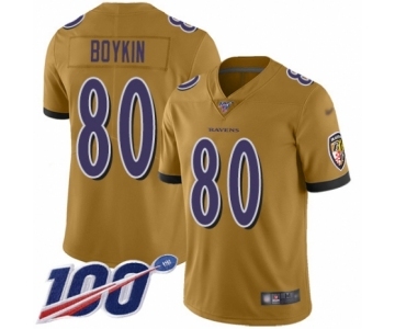 Men's Baltimore Ravens #80 Miles Boykin Limited Gold Inverted Legend 100th Season Football Jersey