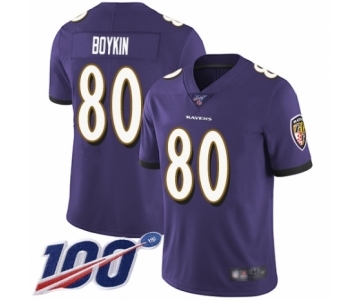 Men's Baltimore Ravens #80 Miles Boykin Purple Team Color Vapor Untouchable Limited Player 100th Season Football Jersey