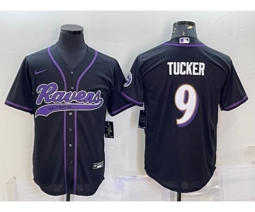 Men's Baltimore Ravens #9 Justin Tucker Black With Patch Cool Base Stitched Baseball Jersey