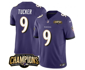 Men's Baltimore Ravens #9 Justin Tucker Purple 2023 F.U.S.E. AFC North Champions Vapor Limited Football Stitched Jersey