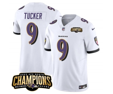 Men's Baltimore Ravens #9 Justin Tucker White 2023 F.U.S.E. AFC North Champions Vapor Limited Football Stitched Jersey