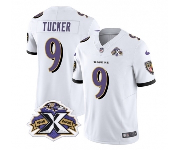 Men's Baltimore Ravens #9 Justin Tucker White 2023 F.U.S.E With Patch Throwback Vapor Limited Stitched Jersey