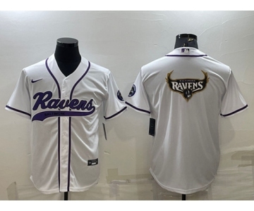 Men's Baltimore Ravens White Team Big Logo With Patch Cool Base Stitched Baseball Jersey