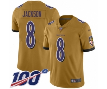 Men's Nike Baltimore Ravens #8 Lamar Jackson Limited Gold Inverted Legend 100th Season NFL Jersey