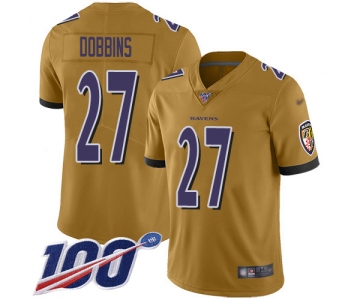 Nike Ravens #27 J.K. Dobbins Gold Men's Stitched NFL Limited Inverted Legend 100th Season Jersey