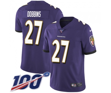 Nike Ravens #27 J.K. Dobbins Purple Team Color Men's Stitched NFL 100th Season Vapor Untouchable Limited Jersey