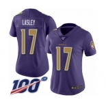 Women's Baltimore Ravens #17 Jordan Lasley Limited Purple Rush Vapor Untouchable 100th Season Football Jersey