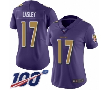 Women's Baltimore Ravens #17 Jordan Lasley Limited Purple Rush Vapor Untouchable 100th Season Football Jersey