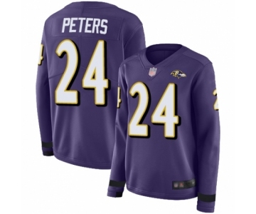 Women's Baltimore Ravens #24 Marcus Peters Limited Purple Therma Long Sleeve Football Jersey