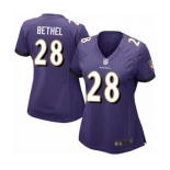 Women's Baltimore Ravens #28 Justin Bethel Game Purple Team Color Football Jersey