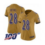 Women's Baltimore Ravens #28 Justin Bethel Limited Gold Inverted Legend 100th Season Football Jersey