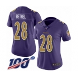 Women's Baltimore Ravens #28 Justin Bethel Limited Purple Rush Vapor Untouchable 100th Season Football Jersey