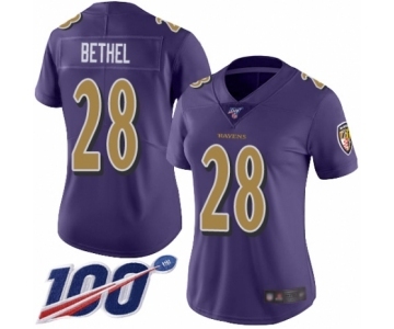 Women's Baltimore Ravens #28 Justin Bethel Limited Purple Rush Vapor Untouchable 100th Season Football Jersey