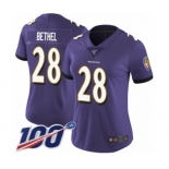 Women's Baltimore Ravens #28 Justin Bethel Purple Team Color Vapor Untouchable Limited Player 100th Season Football Jersey