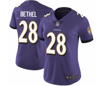 Women's Baltimore Ravens #28 Justin Bethel Purple Team Color Vapor Untouchable Limited Player Football Jersey