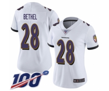 Women's Baltimore Ravens #28 Justin Bethel White Vapor Untouchable Limited Player 100th Season Football Jersey