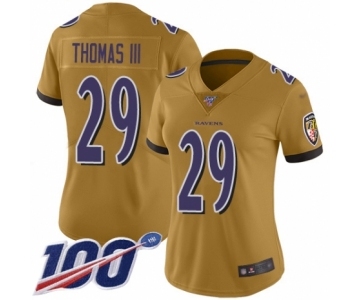 Women's Baltimore Ravens #29 Earl Thomas III Limited Gold Inverted Legend 100th Season Football Jersey