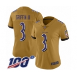 Women's Baltimore Ravens #3 Robert Griffin III Limited Gold Inverted Legend 100th Season Football Jersey