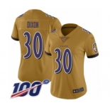 Women's Baltimore Ravens #30 Kenneth Dixon Limited Gold Inverted Legend 100th Season Football Jersey