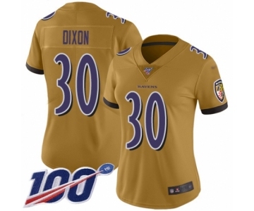 Women's Baltimore Ravens #30 Kenneth Dixon Limited Gold Inverted Legend 100th Season Football Jersey