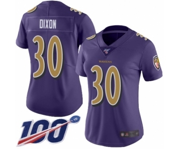 Women's Baltimore Ravens #30 Kenneth Dixon Limited Purple Rush Vapor Untouchable 100th Season Football Jersey