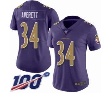 Women's Baltimore Ravens #34 Anthony Averett Limited Purple Rush Vapor Untouchable 100th Season Football Jersey