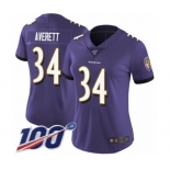 Women's Baltimore Ravens #34 Anthony Averett Purple Team Color Vapor Untouchable Limited Player 100th Season Football Jersey