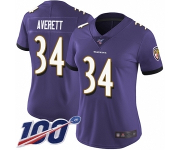 Women's Baltimore Ravens #34 Anthony Averett Purple Team Color Vapor Untouchable Limited Player 100th Season Football Jersey