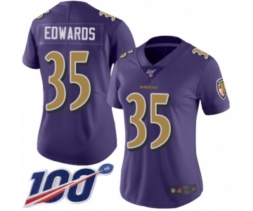 Women's Baltimore Ravens #35 Gus Edwards Limited Purple Rush Vapor Untouchable 100th Season Football Jersey