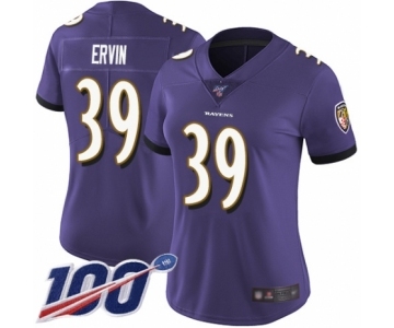 Women's Baltimore Ravens #39 Tyler Ervin Purple Team Color Vapor Untouchable Limited Player 100th Season Football Jersey