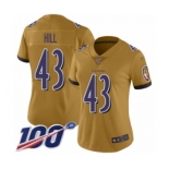 Women's Baltimore Ravens #43 Justice Hill Limited Gold Inverted Legend 100th Season Football Jersey